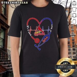 Stylish St. Louis Cardinals ladies tee featuring a heart-shaped stethoscope and heartbeat design, perfect for fans.