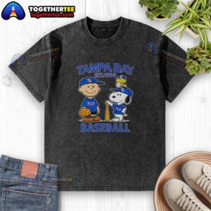 Good Charlie Brown, Snoopy, and Woodstock in Tampa Bay Rays baseball jersey est. 1998 on a washed t-shirt.