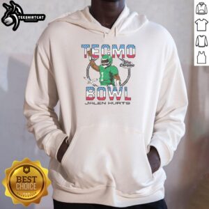 Alt Text: Official Tecmo Bowl X Topps Chrome Eagles Jalen Hurts hoodie featuring vibrant graphics and team colors.