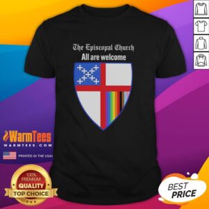 Good The Episcopal Church All Are Welcome Badge T-Shirt featuring a colorful design promoting inclusivity and community.