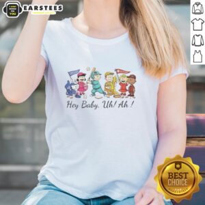 Alt Text: Good Snoopy Peanuts and Friends Hey Baby Uh Ah Ladies Tee featuring Snoopy and friends in vibrant colors.