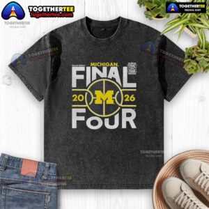 Awesome Michigan Wolverines NCAA Final Four 2026 Men's March Madness washed t-shirt in blue with logo design.