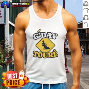 Alt Text: Official Mo Toure Norwich City Gday Toure vintage tank top showcasing team colors and logo for fans.