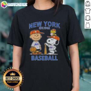 Pretty Charlie Brown and Snoopy X New York Mets Basketball Est. 1962 ladies tee featuring vibrant graphics.