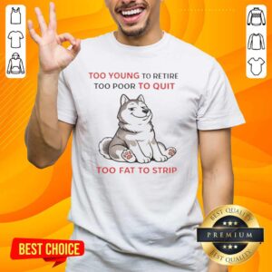 Alt Text: Original Too Young To Retire Too Poor To Quit Too Fat To Strip Husky T-Shirt in vibrant colors, showcasing a fun graphic design.