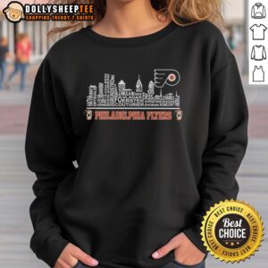 Official Philadelphia Flyers X Skyline city name player sweatshirt featuring team logo and vibrant city skyline design.