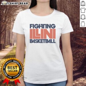 Alt Text: Vintage ladies tee featuring the Good Fighting Illini Basketball logo in vibrant colors, perfect for fans and collectors.