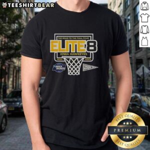 Premium Iowa Hawkeyes 2026 March Madness Elite Eight T-Shirt featuring team logo and vibrant colors for fans.