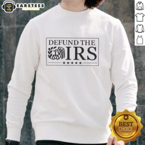 Official Defund The IRS slogan sweatshirt in black, promoting a bold message against taxation and government spending.