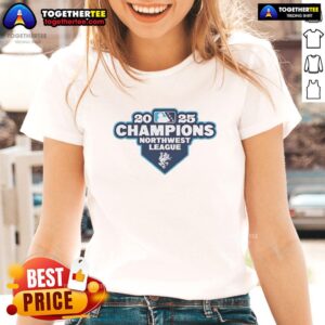 Original Everett AquaSox 2025 Northwest League Champions logo on a ladies tee, celebrating team victory.