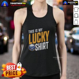 Person wearing a 'Good Buffalo Sabres' lucky tank top, showcasing team spirit at a hockey game.