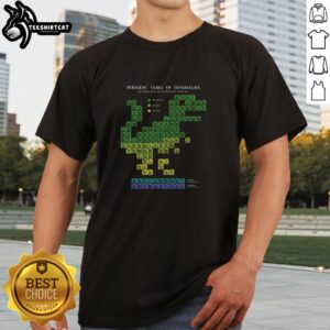 Colorful Pretty Periodic Table Of Dinosaurs T-Shirt featuring dinosaur names and illustrations for dino enthusiasts.