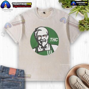 Alt Text: Funny washed t-shirt featuring the Top KFC X THC logo, perfect for casual wear and unique style enthusiasts.