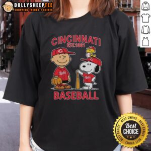 Cute Charlie Brown, Snoopy, and Woodstock in Cincinnati Reds baseball jersey Est. 1881 on a ladies tee.