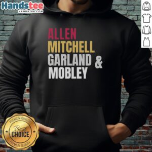 Cleveland Cavaliers basketball starting four: Allen, Mitchell, Garland, Mobley in stylish hoodies during a game.