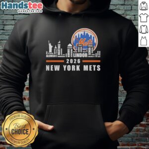 Alt Text: Premium New York Mets Baseball 2026 hoodie featuring player names and city skyline in unique word art design.