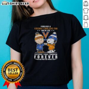Official Virginia Cavaliers Snoopy and Charlie Brown Forever a Fan Win or Lose Ladies Tee showcasing team spirit.