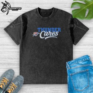 Original Oklahoma City Thunder Cares 2026 washed t-shirt in blue, showcasing team spirit and community support.