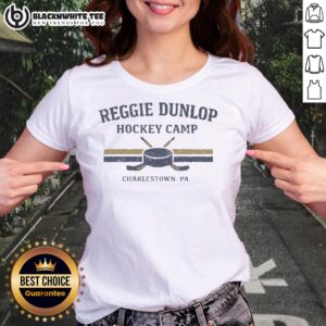 Official Reggie Dunlop Hockey Camp Charlestown Chiefs Team Ladies Tee with team logo and vibrant colors.