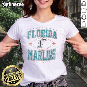 Awesome Florida Marlins Major League Baseball Cooperstown Diamond Ladies Tee featuring vibrant team colors and logo.