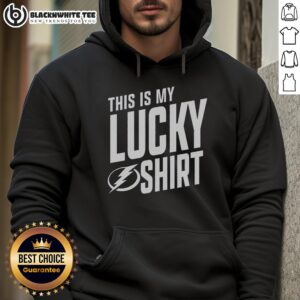 Alt Text: Person wearing a Nice Tampa Bay Lightning hoodie, showcasing team spirit and luck during a game day.