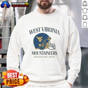 Alt Text: Premium West Virginia University Football Mountaineers Earn Success, Earn It Together sweatshirt in navy blue.