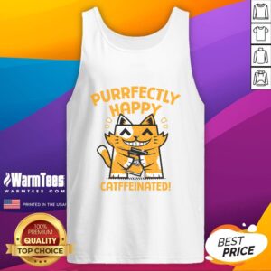 Good Purrfectly Happy Cat Tank Top featuring a playful cat with coffee, perfect for cat lovers and caffeine enthusiasts.