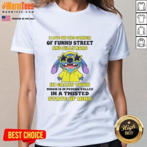 Alt Text: Funny street sign in Crazy Town with 'I Live on the Corner of Funny Street and Silly Road' on a ladies tee.