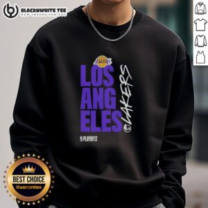 Alt Text: Stylish Los Angeles Lakers playoff logo sweatshirt, perfect for fans showcasing team spirit and comfort.