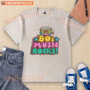 Funny 80s music rocks washed t-shirt featuring a retro design and vibrant colors, perfect for nostalgic music lovers.