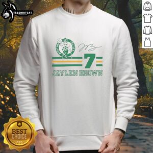Jaylen Brown Boston Celtics sweatshirt featuring signature name and number, perfect for fans and collectors.