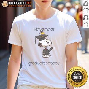 Pretty November Graduate Snoopy Woodstock T-Shirt featuring cheerful characters celebrating graduation in vibrant colors.