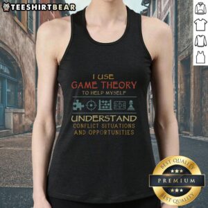 Funny tank top featuring 'I Use Game Theory To Help Myself' slogan, perfect for gamers and strategy enthusiasts.
