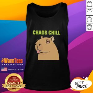 Funny capybara with red eyes sticking out her tongue on a chill meme tank top, showcasing a playful chaos vibe.