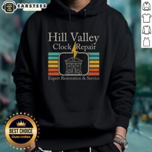 Premium Hill Valley Clock Repair hoodie featuring a stylish design, perfect for fans and enthusiasts of timepiece restoration.