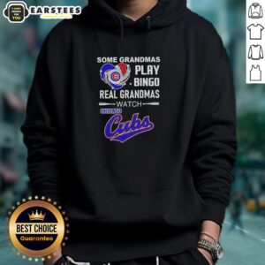 Grandma wearing a Chicago Cubs hoodie, showcasing her love for the team while enjoying a game day at home.