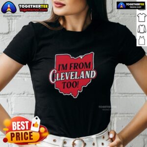 Stylish 'I'm From Cleveland Too' map graphic on a ladies tee featuring the Cleveland Guardians logo.