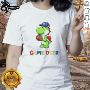 Good Yoshinobu Yoshi Super Mario Game Over graphic on Los Angeles Dodgers women's tee, perfect for baseball fans.