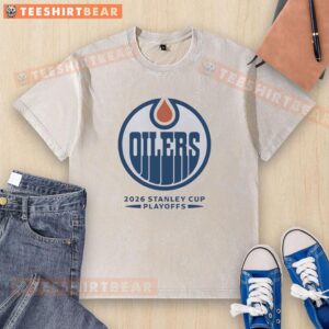 Alt Text: Official Edmonton Oilers Ice Hockey NHL Stanley Cup Playoffs big logo washed t-shirt in blue, perfect for fans.