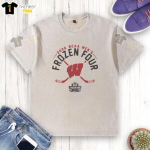 Alt Text: Premium Wisconsin Men's Hockey 2026 Frozen Four washed t-shirt featuring team logo and comfortable fit.