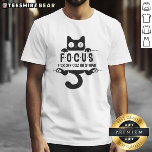 Premium Black Cat 'Fuck Off Coz Ur Stupid' T-Shirt featuring a playful cat design, perfect for cat lovers and humor enthusiasts.