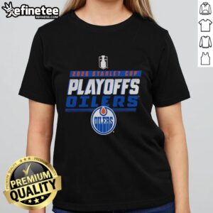 Alt Text: Official Edmonton Oilers Stanley Cup Playoffs 2026 Ladies Tee featuring team logo and stylish design.