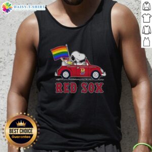 Boston Red Sox tank top featuring Snoopy and Woodstock driving a car with a rainbow flag design.