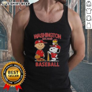 Alt Text: Good Charlie Brown, Snoopy, and Woodstock in a Washington Nationals baseball jersey tank top, est. 1969.