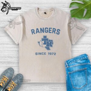 Alt Text: Premium Texas Rangers Cooperstown Duster Washed T-Shirt in navy blue, featuring a vintage logo and relaxed fit design.