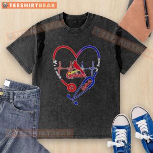 Alt Text: Hot St. Louis Cardinals stethoscope and heartbeat shape design on a washed t-shirt, perfect for fans and healthcare workers.