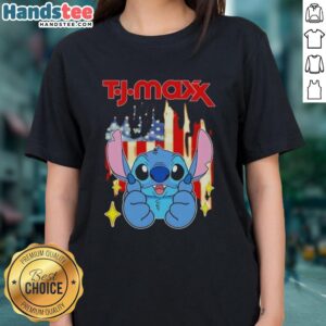 Nice Stitch Like TJ Maxx USA Flag Ladies Tee showcasing a stylish design perfect for patriotic fashion lovers.