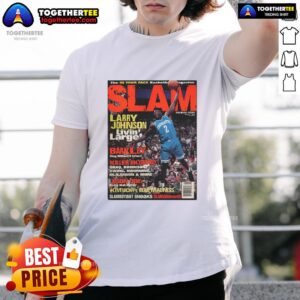 Top Larry Johnson 'Livin' Larger' Slam T-Shirt featuring vibrant graphics from In Your Face Basketball Magazine.