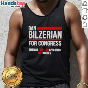 Dan Bilzerian tank top featuring 'America First' slogan - stylish, bold design with 'No Apologies, No Excuses' theme.