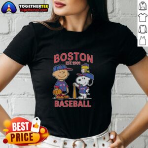 Charlie Brown, Snoopy, and Woodstock in Boston Red Sox jersey est. 1901 on a ladies tee shirt design.